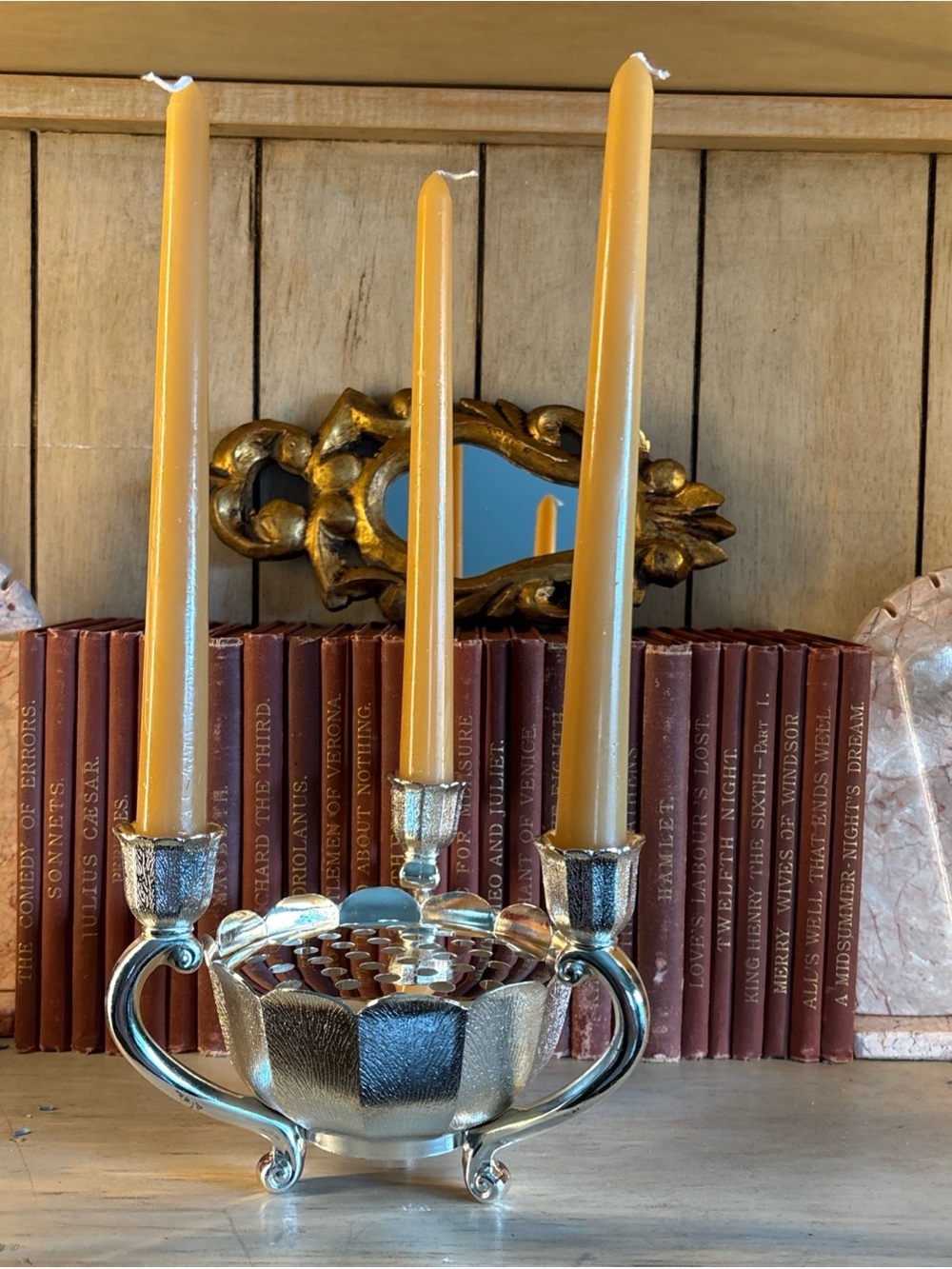 WM A ROGERS Floral Centerpiece with Three Candle Holders